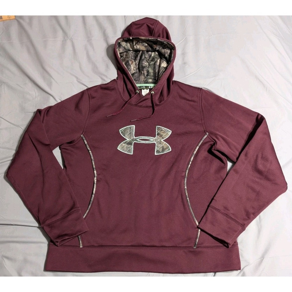 Under Armour Storm Hoodie Womens XL Burgundy Camo Logo Mossy Oak Lined